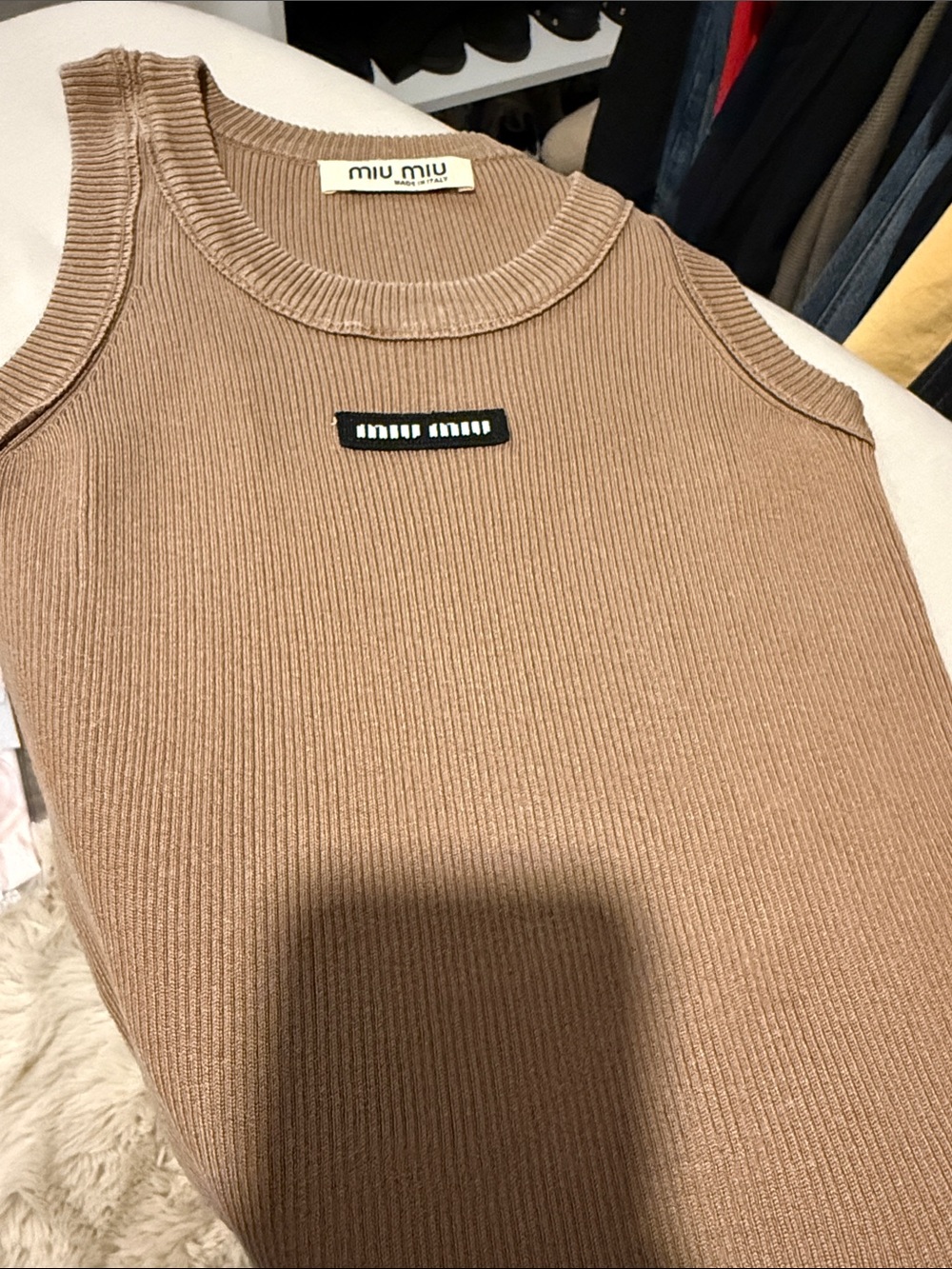 Miu Miu Men's Crewneck Ribbed Sweater Tank in Light Brown